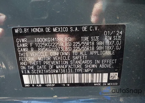 2024 Honda Hr-V 2Wd Sport/2Wd Sport W/O Bsi z USA, uszkodzony, nr VIN 3CZRZ1H50RM738131